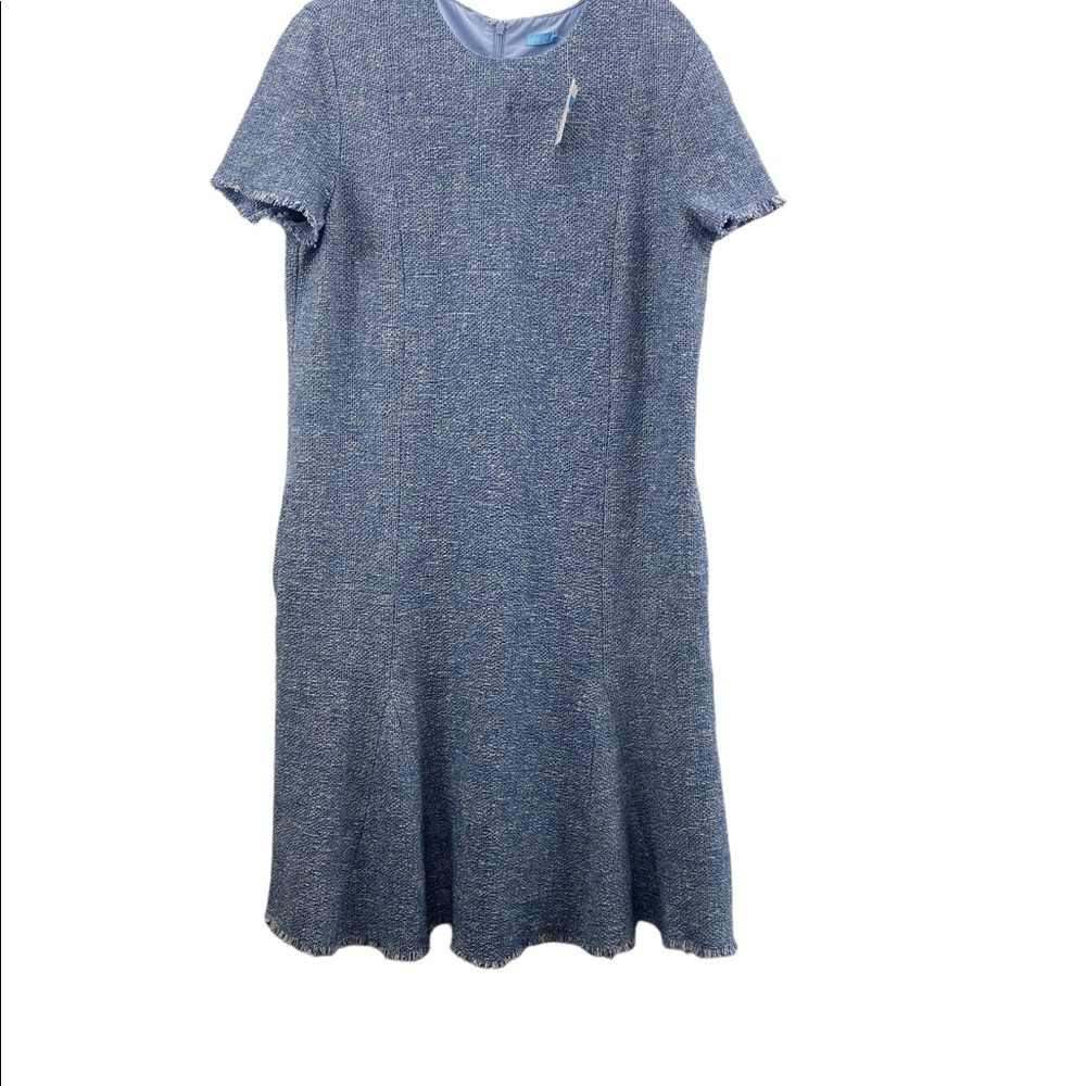 J. McLaughlin Bree Chambray Tweed Knit Flared Fringe Trim Sheath Dress SZ M NEW